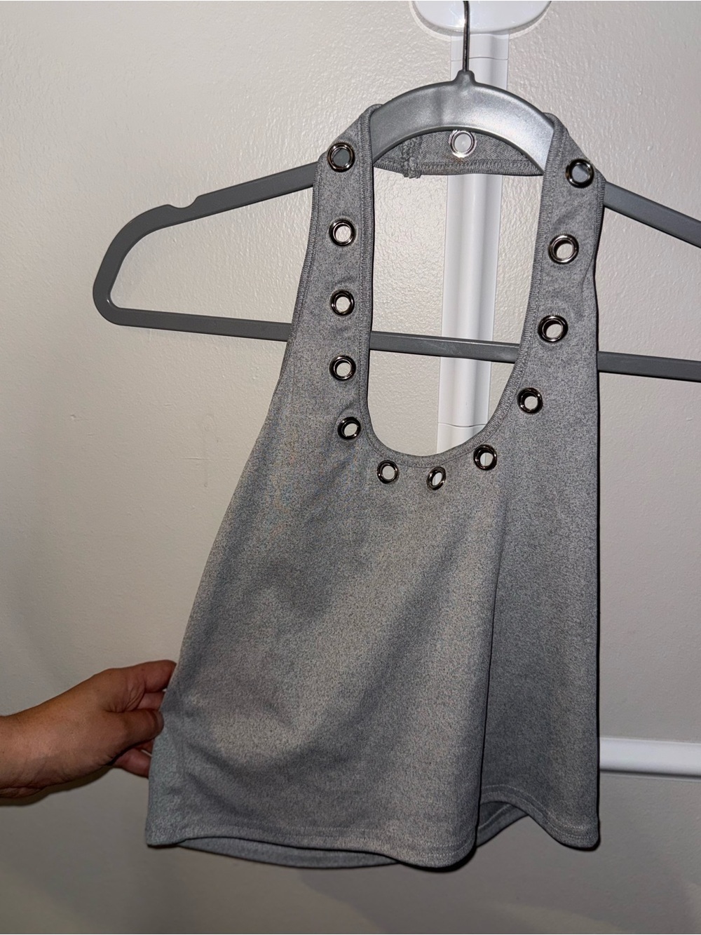 Sleek Gray Eyelet Halter Tank Top - Women